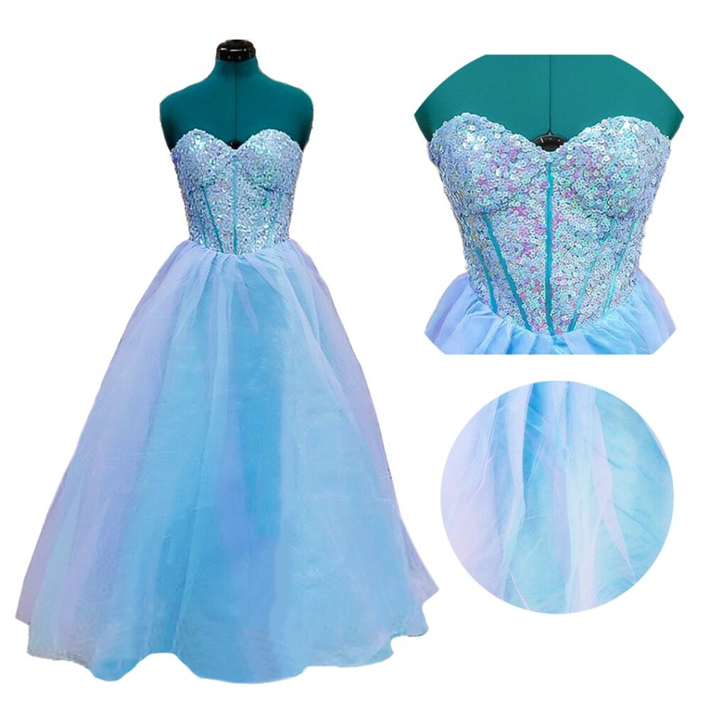 Iridescent Sequin Strapless Sweetheart Ball Gown - Light Blue/Purple Tulle Skirt